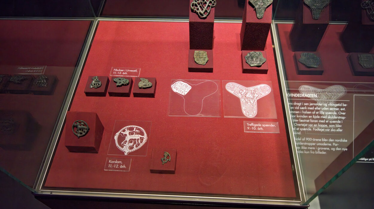 Eine Museumsvitrine mit verschiedenen wikingerzeitlichen Bronzeschmuckstücken, Etiketten und Beschreibungen auf rotem Hintergrund.